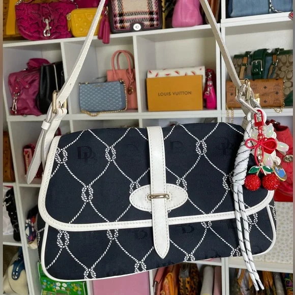 Dooney & Bourke Nautical Rope Navy Canvas & White Leather Monogram Shoulder Bag